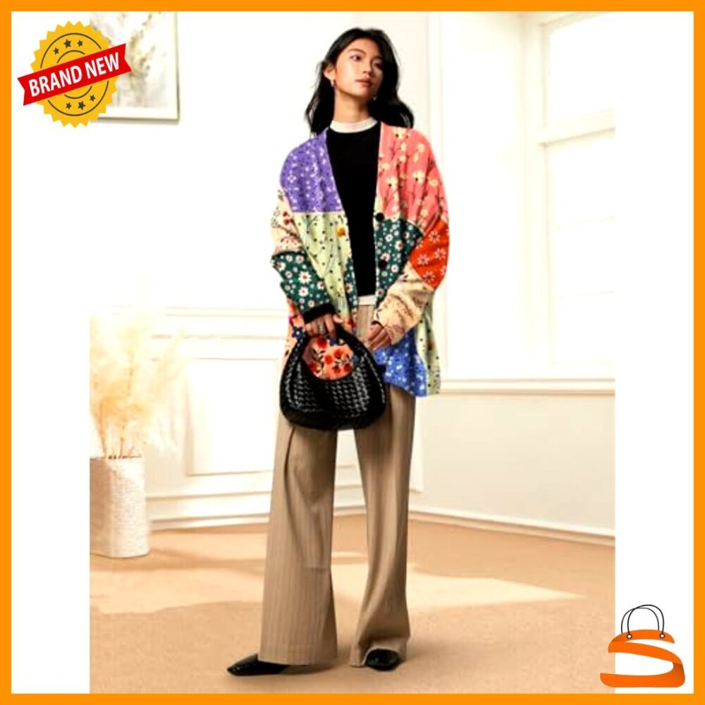Oversized V-Neck Cardigan Sweater Casual Graphic Knit Top Open Front Button Down - Picture 3 of 5
